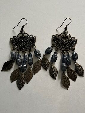 Bohemian Leaf Dangle Earrings with Blue-ish Grey Beads